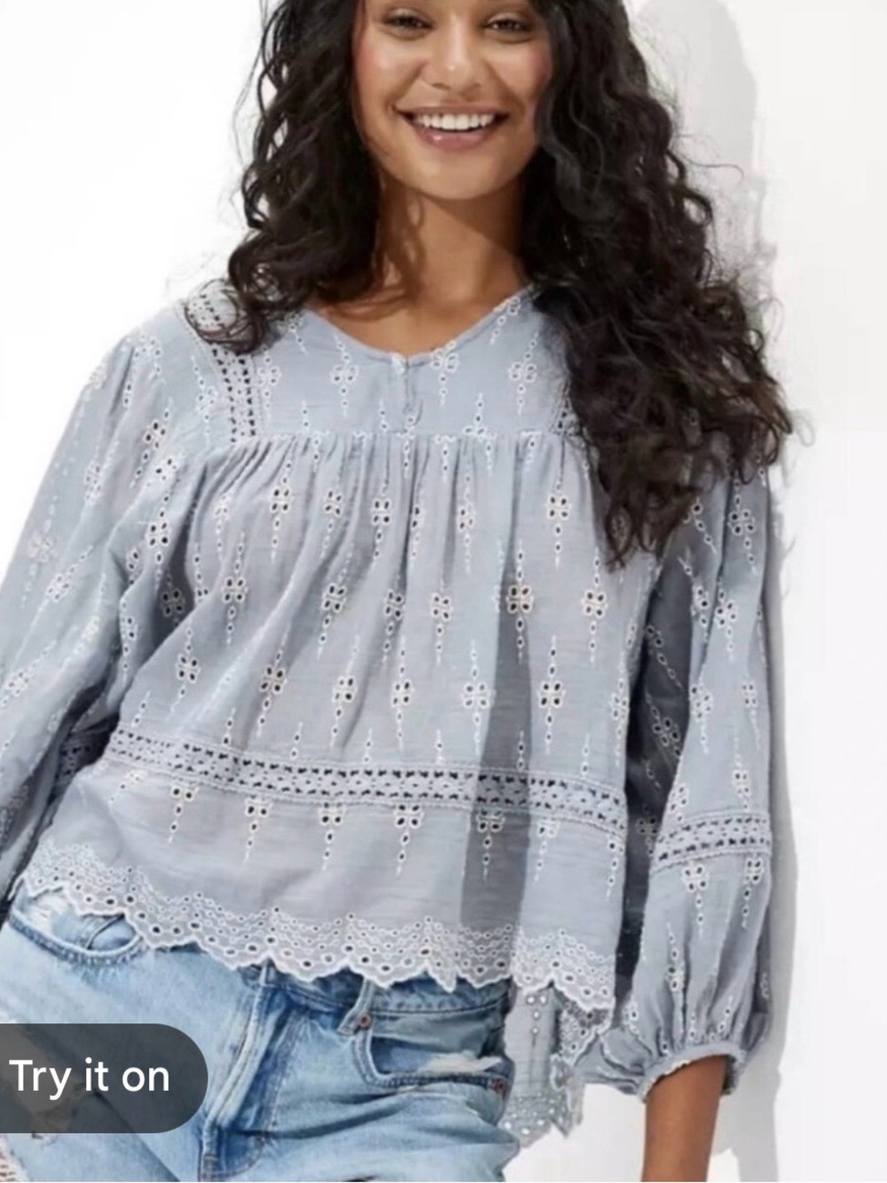 AMERICAN EAGLE Eyelet Lace Trim Peasant Blouse Boho Large